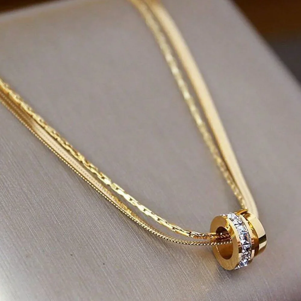Silver Casual Women's Stainless Steel Round Cz Inlaid Double Layer Necklace